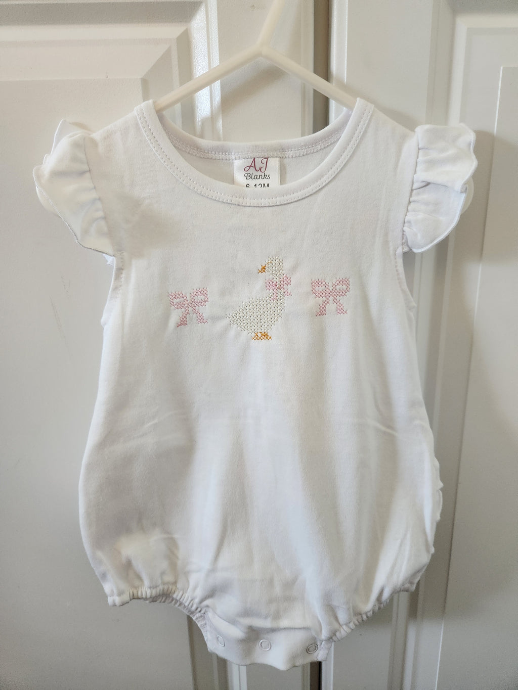 Stitchy Goose & Bows Ruffle Bubble Romper RTS
