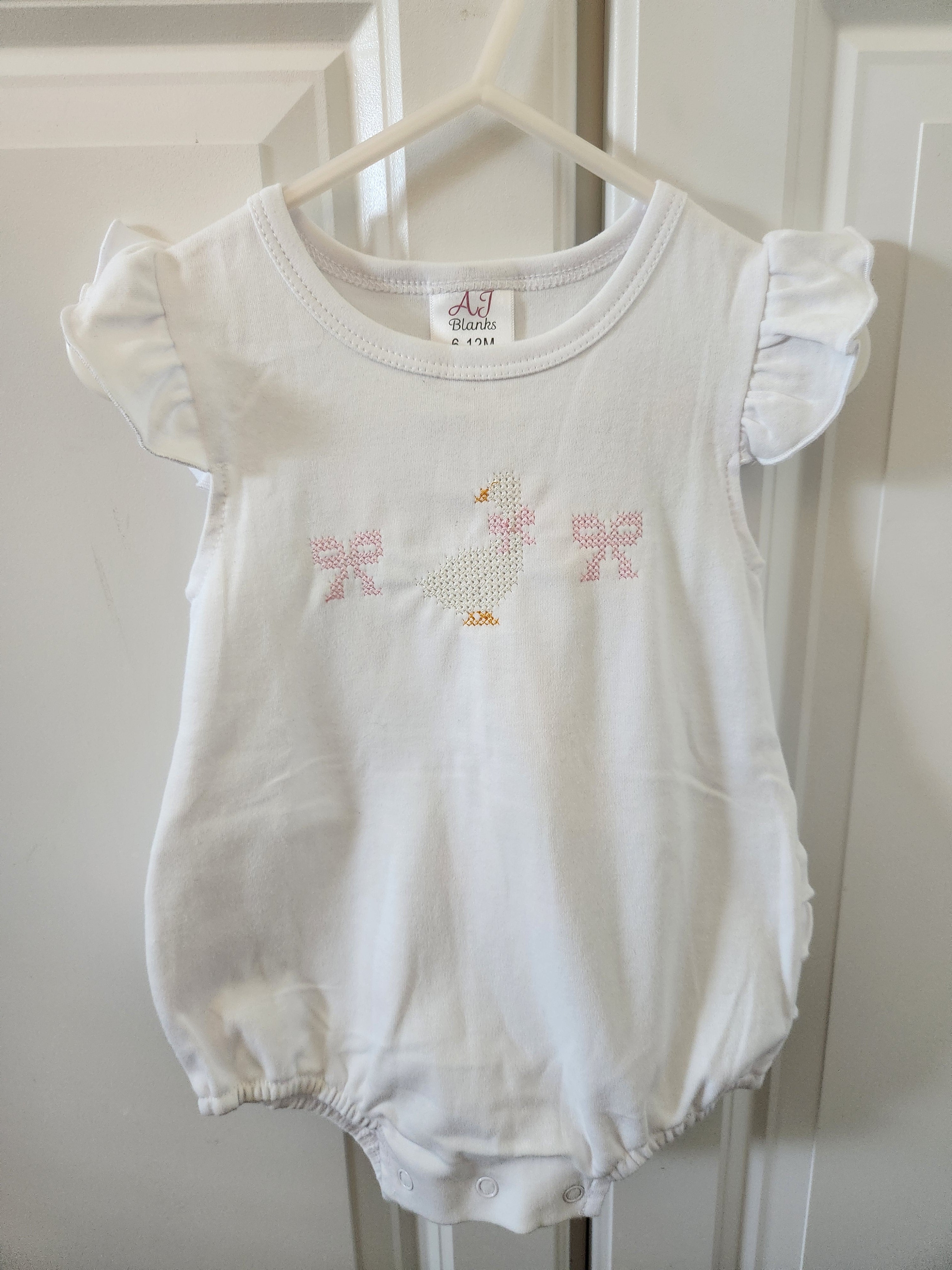 Stitchy Goose & Bows Ruffle Bubble Romper RTS